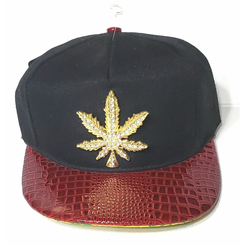 Black & Burgundy Pot Leaf Rhinestones Adjustable Canvas Baseball Hat Cap